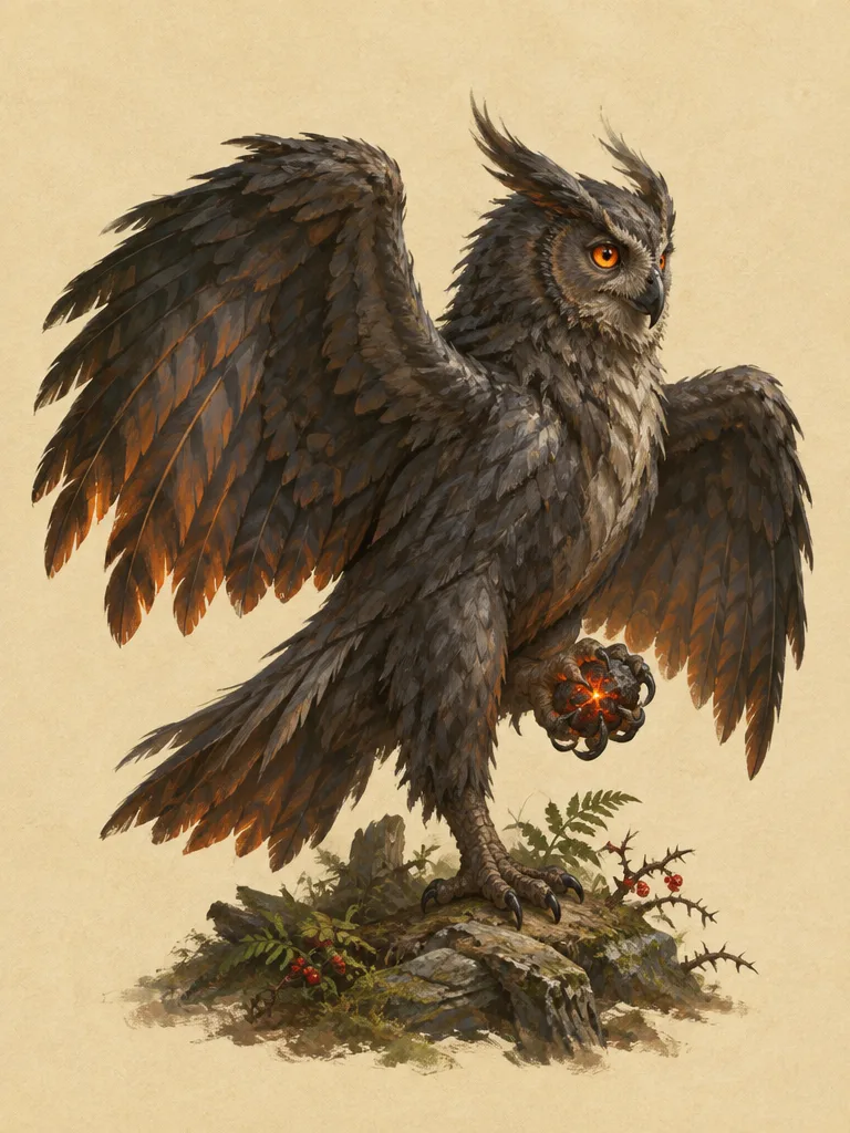 Gloamowl: burung hantu besar berbulu abu jelaga dengan mata jingga, mencengkeram sebutir bara menyala, sayap setengah terbentang.
