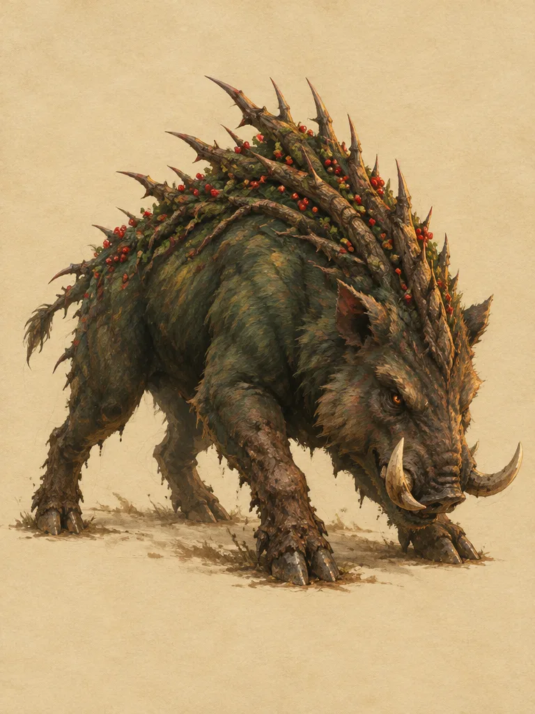 Thornback: babi hutan besar dengan punggung berduri panjang dan buah merah kecil, kepala menunduk dan taring ke depan, siap menyeruduk.